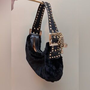 KATHY VAN ZEELAND Y2K/2010s Black and Gold Faux Fur Shoulder Bag Purse